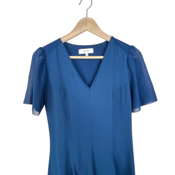 Reiss Women's Natalia V-Neck Fit And Flare Mini Dress Sz 2 Blue Cap Sleeves - Picture 4 of 12